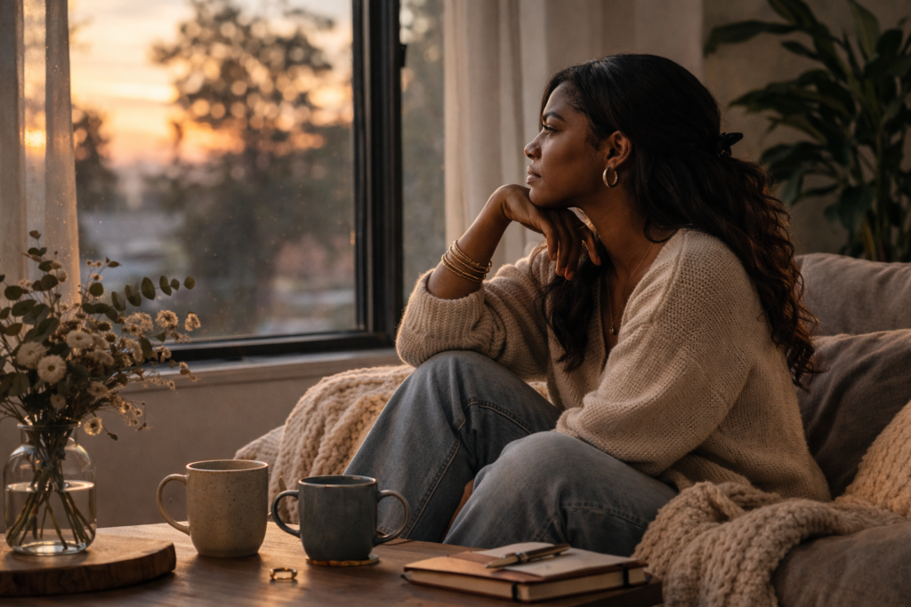 Woman sitting in quiet reflection, representing grief after a breakup, emotional healing, and the impact of primary and secondary losses after relationship separation.