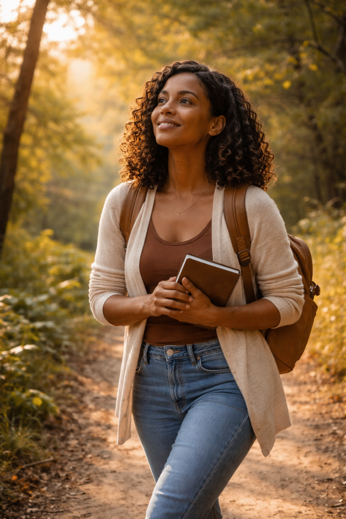 African American woman walking in nature holding a journal, symbolizing identity reconstruction, healing, and self-discovery after an emotionally abusive relationship